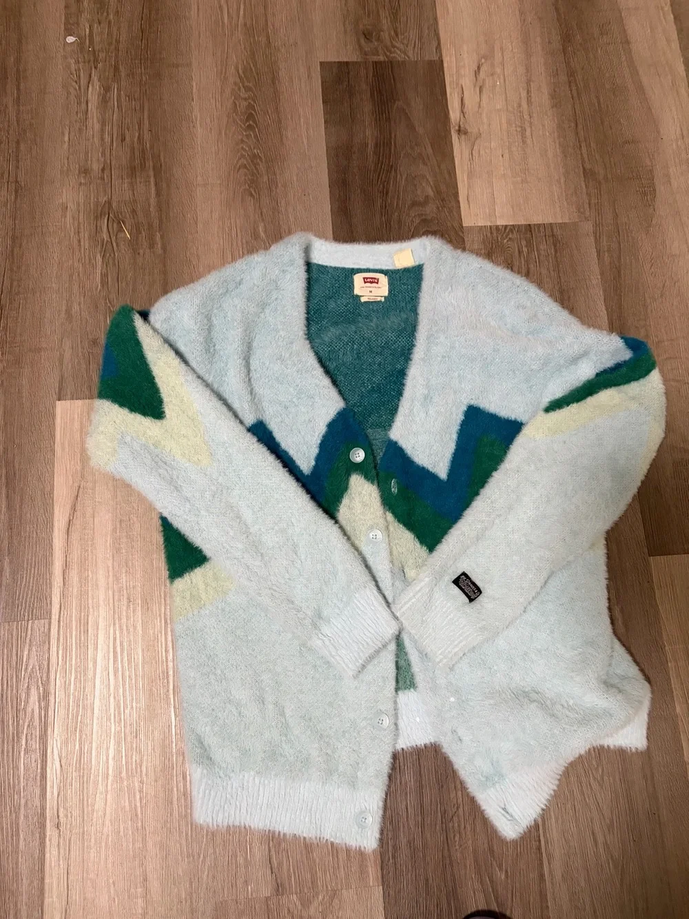 Levi's Light Blue Cardigan with Green and Teal Chevron Detail